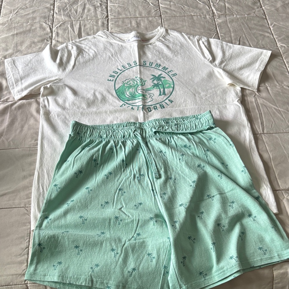 White Graphic Tee and Mint Green Shorts pajama set
